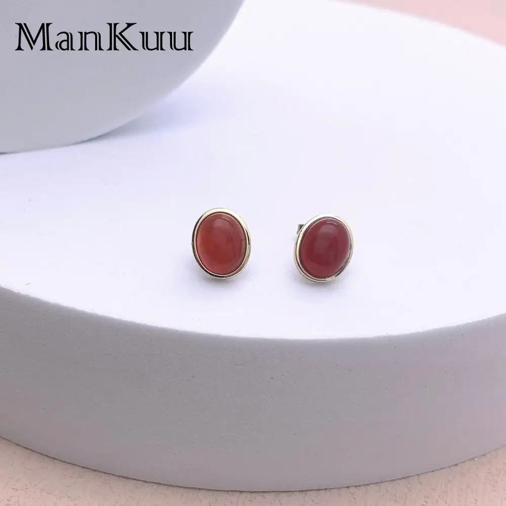 

Mankuu Fashion Minimalist 925 Silver Needle Natural Red Agate Stone Oval Stud Earrings Charm Classic Jewelry For Women Gifts