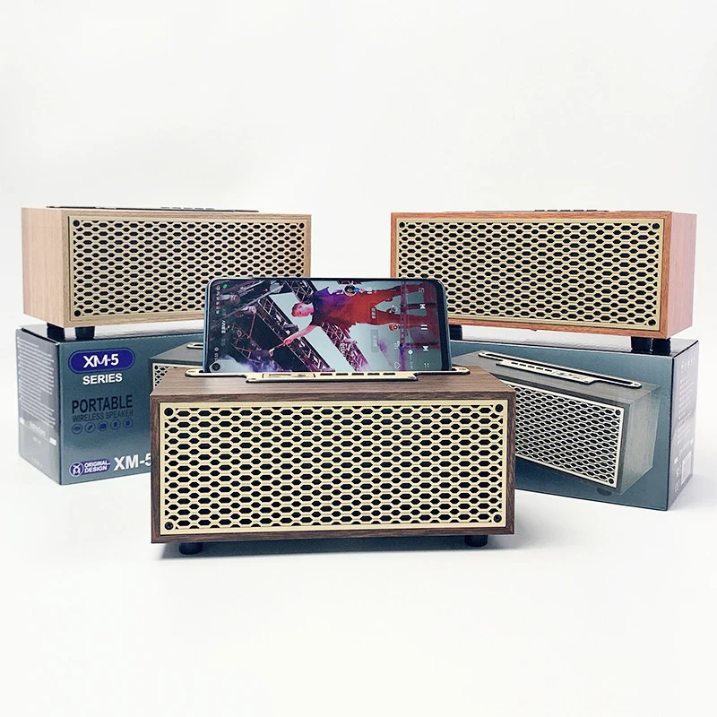 Portable Retro Wooden Wireless Speaker Desktop Sound Bar Subwoofer For IPhone For IPad FM Radio TF Card AUX Long Battery Life