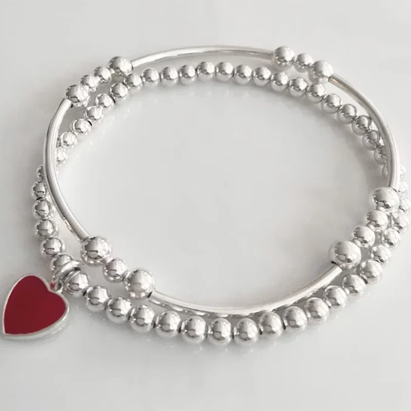 Boho Fashion Bracelets For Women New Punk Silver Color Beads Chain Red Heart Pendant Jewelry Valentine\'s Gift For Female B048