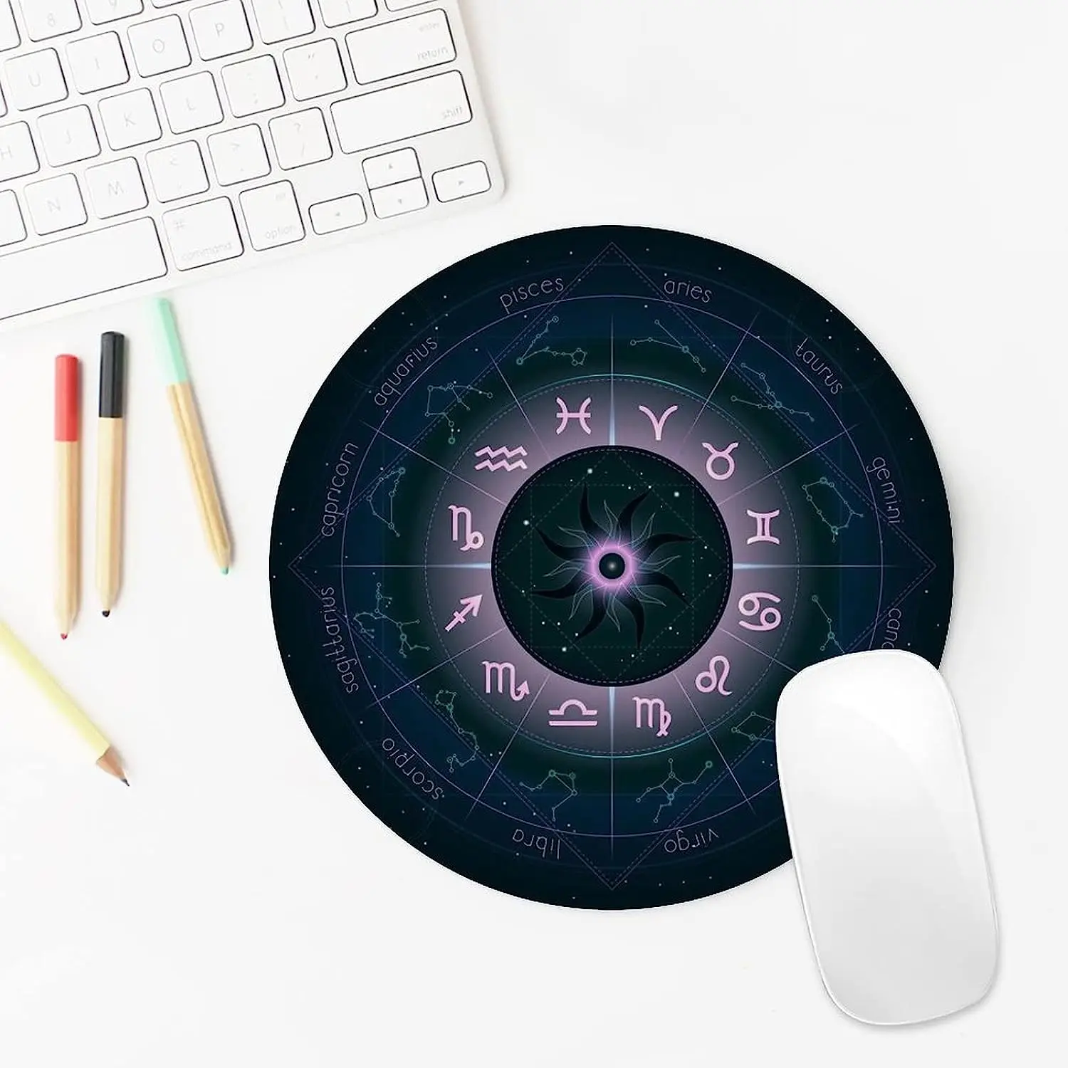 Horoscope Circle Zodiac Symbols Round Rubber Base Mouse Pad Waterproof Computer Mousepad for Office Laptop Computer Home