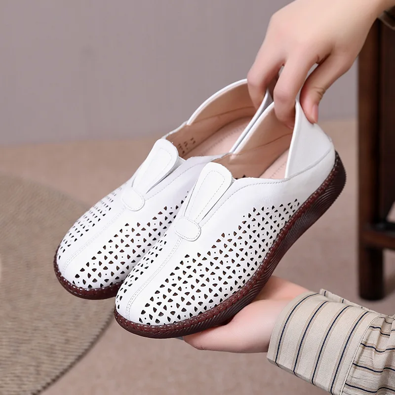 GKTINOO 2024 New Spring Summer Genuine Leather Shoes Flat Hollow Breathable Sandals Casual Shoes Woman Flats Large Size