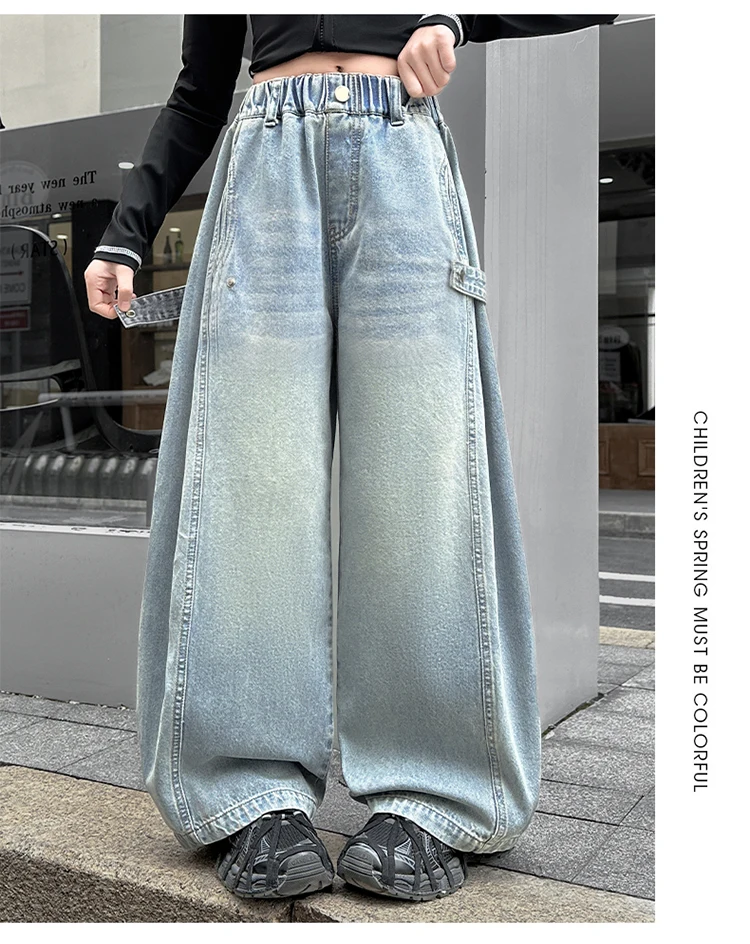 Lose geschnittene Baggy-Jeans im Harem-Stil für junge Mädchen, Kinder-Street-Denim-Hosen für Alter 5 6 7 8 9 10 11 12 13 14 Jahre – Detail 5