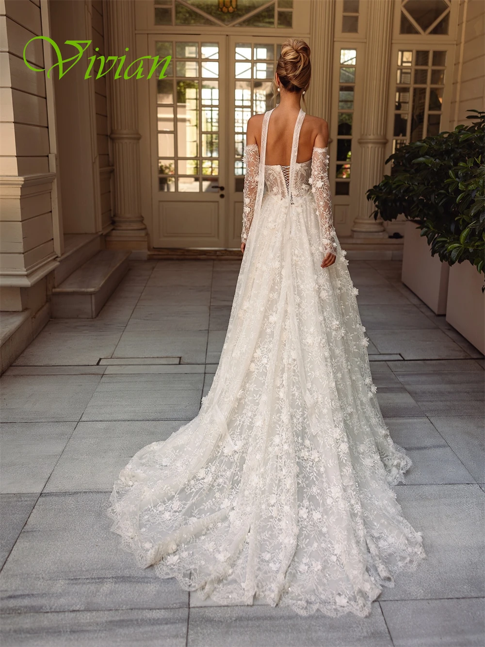 

Customized Elegant White Organza Wedding Dress Formal V-Neck Sleeveless Bridal Gowns Delicate Lace Up Back Appliques Prom Dress