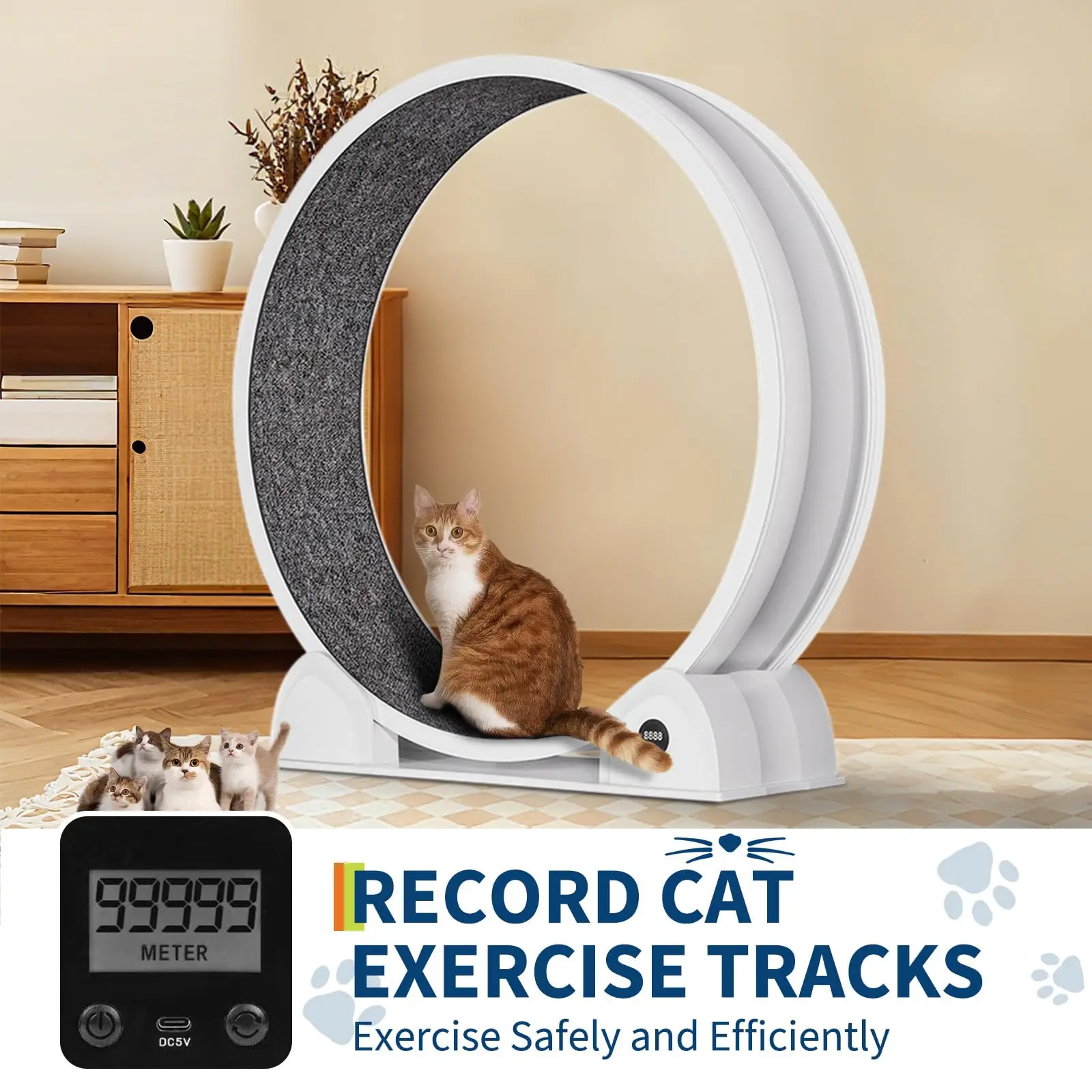 Ruota per esercizi per gatti, silenziosa e resistente, 114 cm, tapis roulant per il fitness degli animali domestici con contapassi e tappetino rimovibile, gioco per gatti di tutte le taglie da