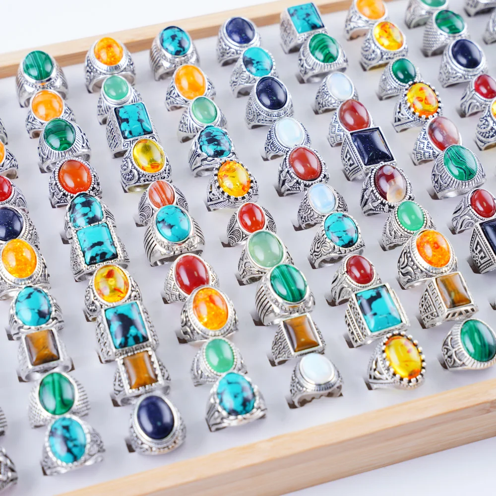 10 Teile/los Mode Vintage Natürliche Stein Geometrie Ringe Für Frauen Männer Achat Malachit Antike Silber Farbe Schmuck Party Geschenke