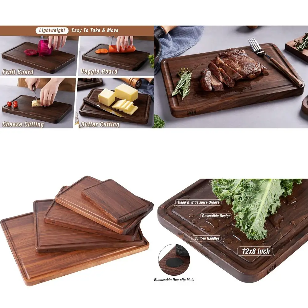 

12x8 Inch Walnut Chopping Board with Deep Groove and Side Handle - Thick Kitchen Butcher Block for Meat, Cheese, and Gifts