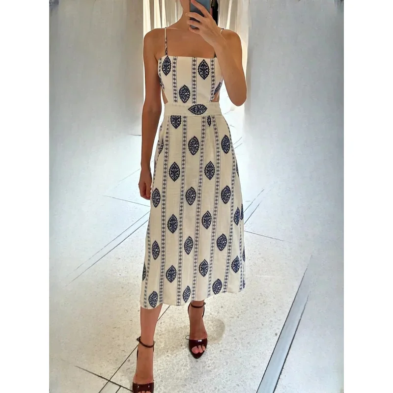 Elegant Bohemian Embroidery Hollow Long Dress Summer 2025 Fashion Retro Chic Women's Holiday Dress with Suspender