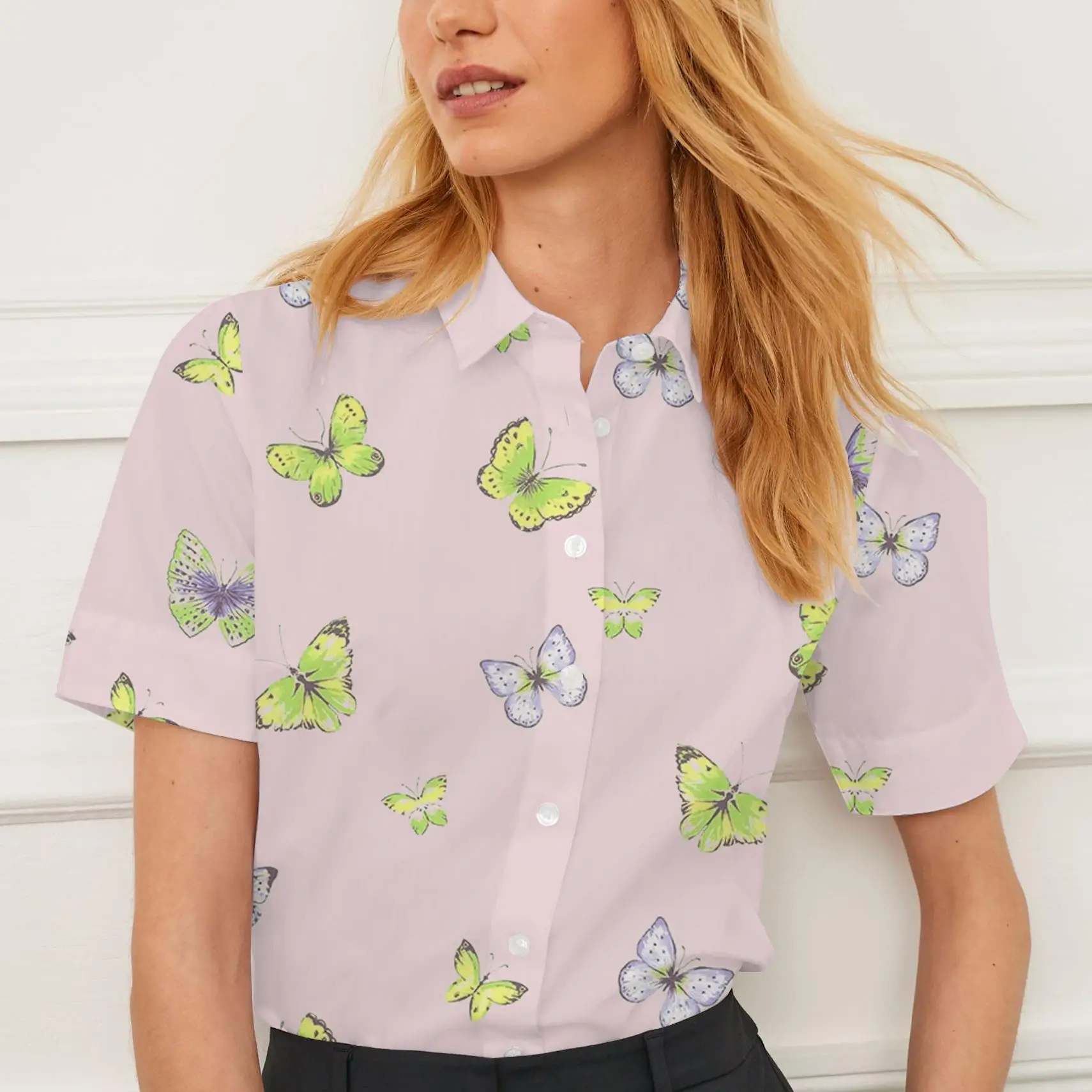 Новая летняя женская повседневная рубашка с короткими рукавами и лацканами с принтом бабочки, женская индивидуальная мода