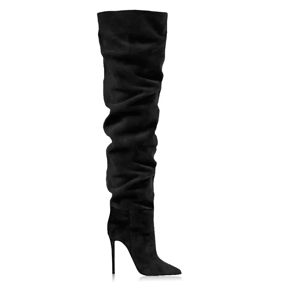 Suede High Heel Over Knee Boots Pointed Side Zipper Winter Stretch Boots Matte Slim Leather Long Boots Cafes Woman Large Size
