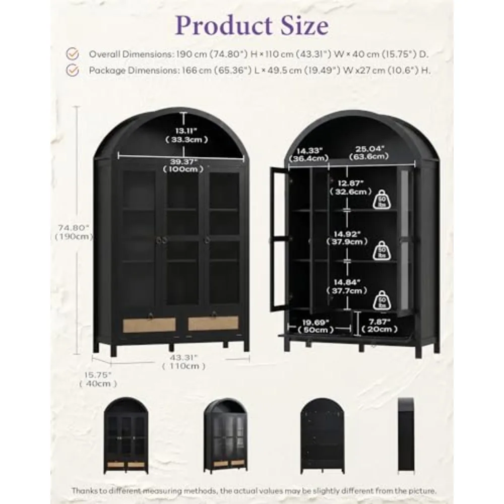 75'' Arched Cabinet with 3 Glass Doors, Pantry Cabinet for Kitchen | Arch Cabinet, Pantry Cupboard with Rattan Drawers