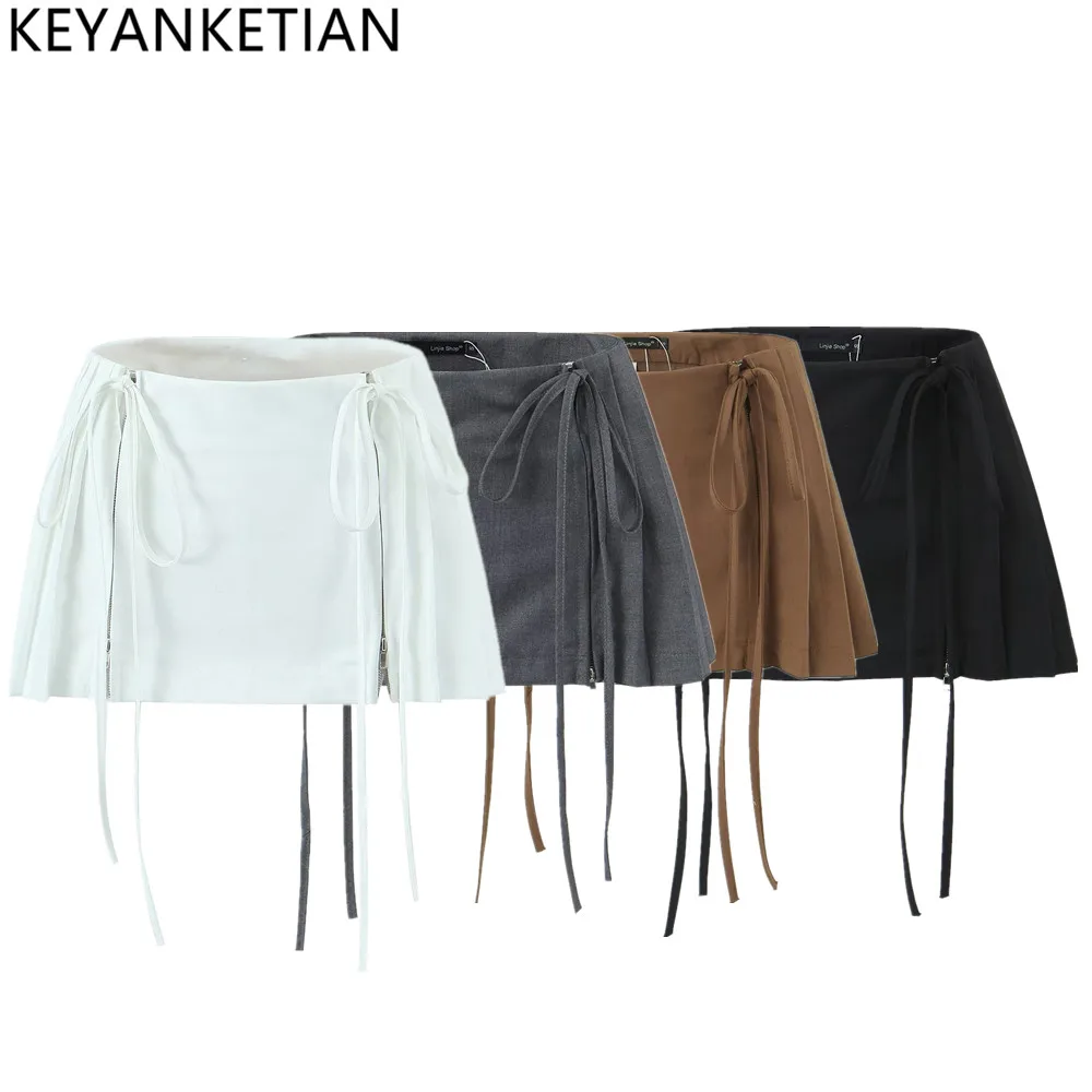 KEYANKETIAN summer new women's lace-up design high waist half skirt Spice Girl style pleated patchwork A-line mini skirt