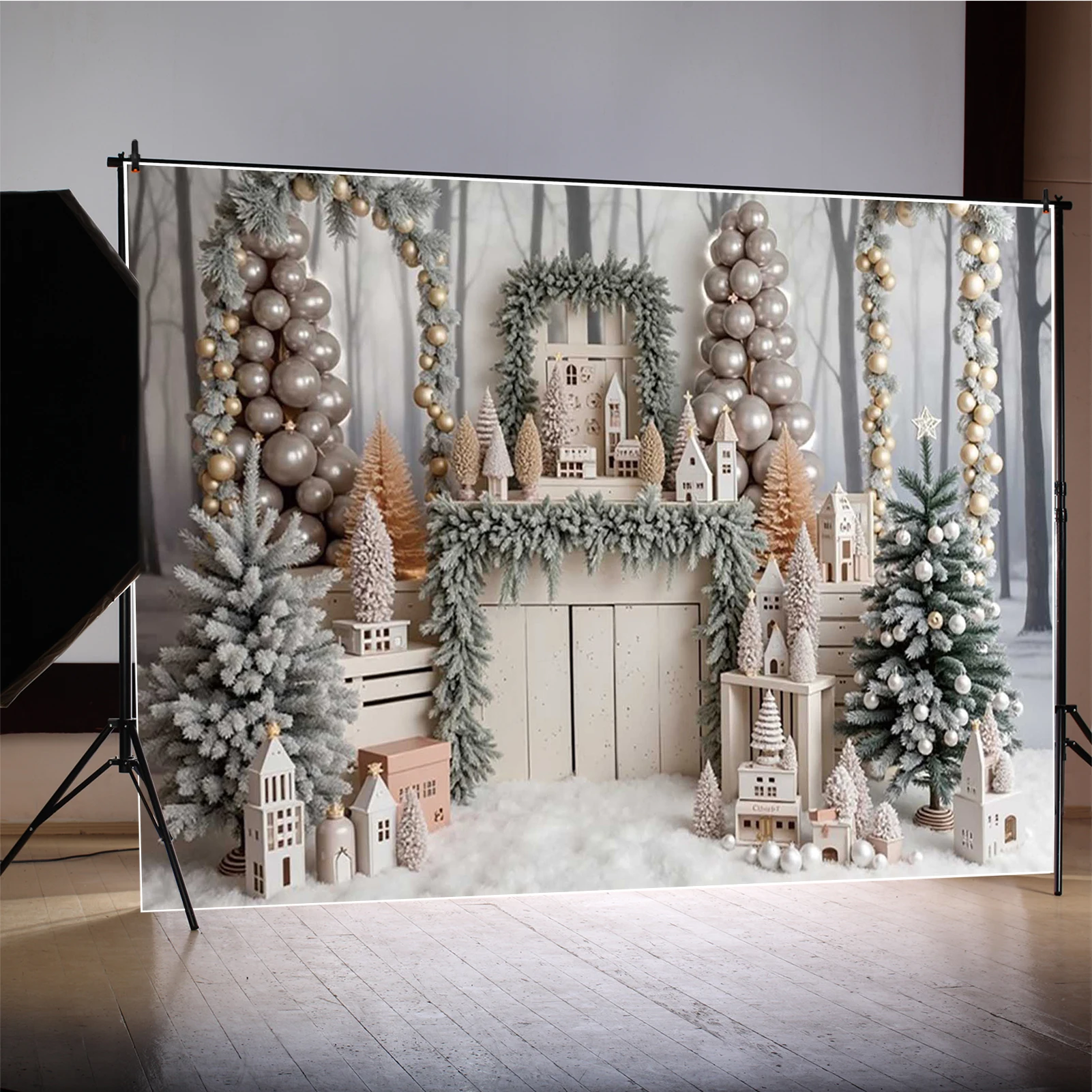 MOON.QG 사진용 배경 포토존 나무 크리스마스 트리 흰색 벽난로 크리스마스 맞춤 배경 사진 액세서리