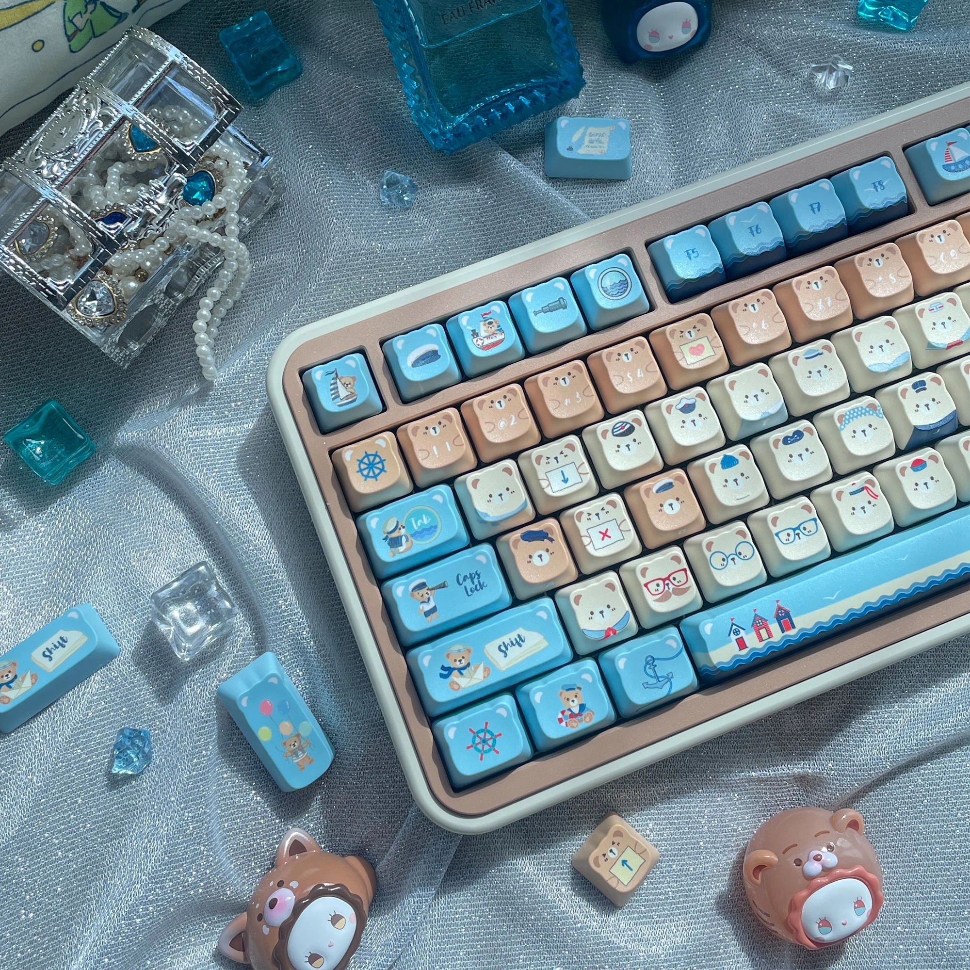 Nautical Bear Keycap Set Cat Head PDA Profile Cute Keycaps PBT Thermal Sublimation Seaside Trip Theme Mechanical Keyboard Caps