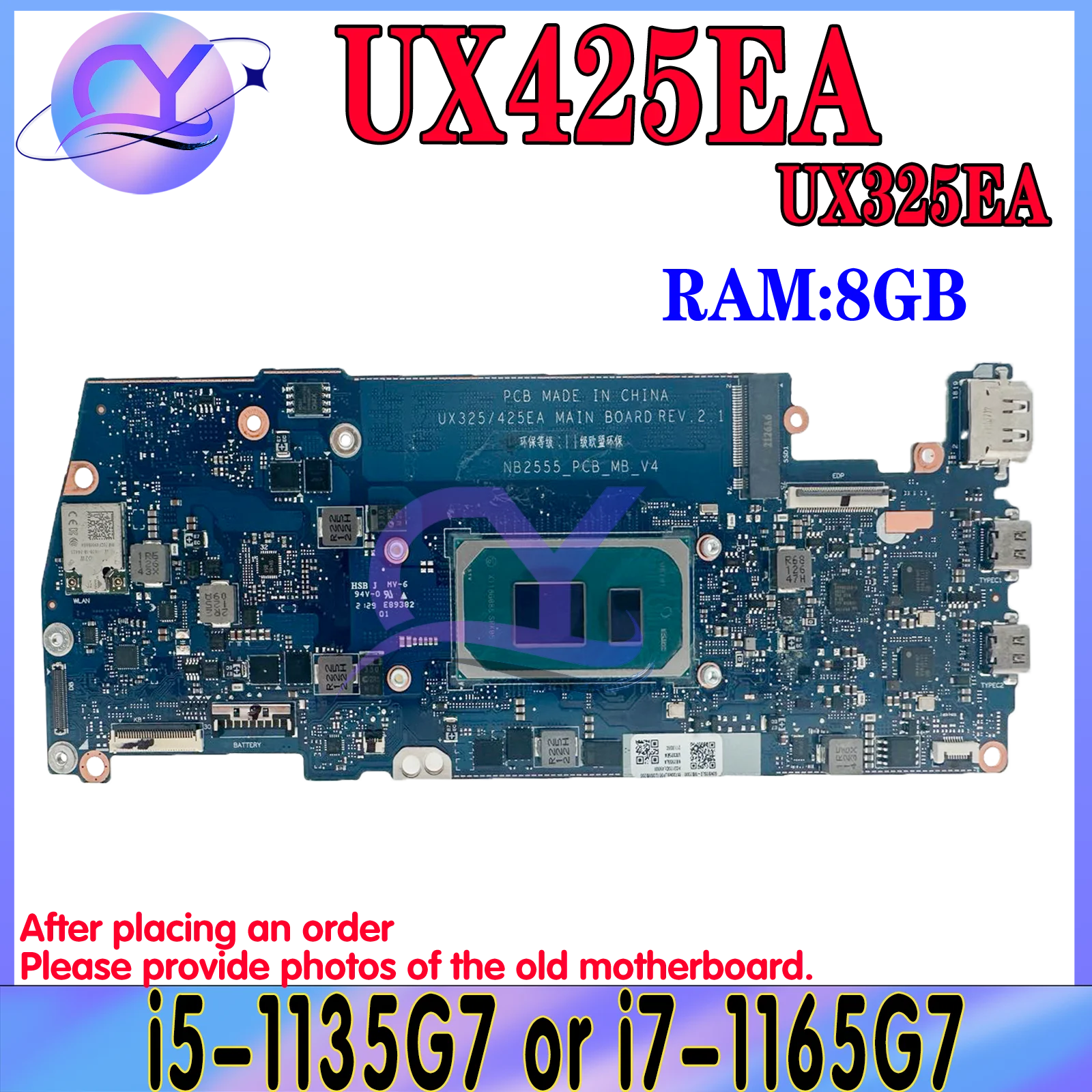 For Asus ZenBook 14 13 UX425EA UX325EA Laptop Motherboard with i5 i7 11th CPU and 8GB RAM mainboard 100% Test Ok