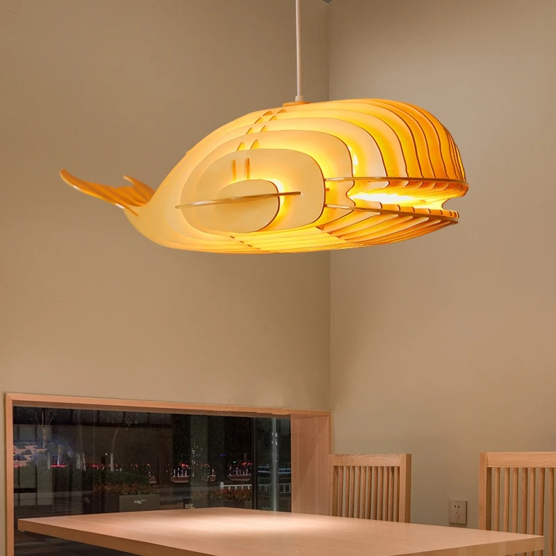 Modern Creative Whale Shaped Pendant Lights Nordic Retro Wooden Art Living Room Decor Hanging Lamps Restaurant Lighting Fixtures