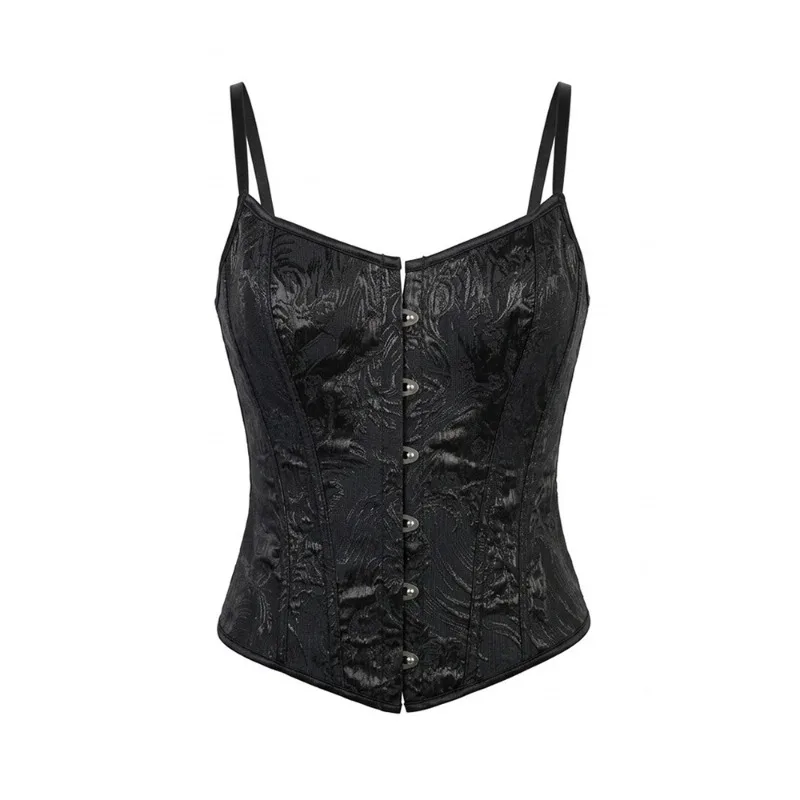Black Corset Top Women Boned Bustier Overbust Spaghetti Strap Button Brocade Body Shaper