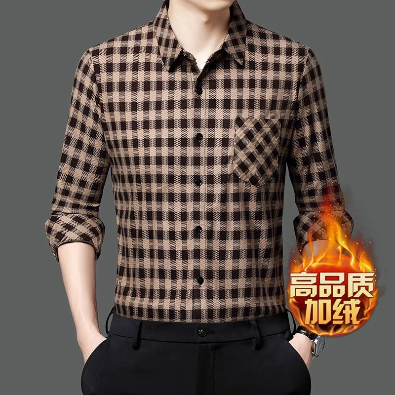 

Men Winter Thick Warm Top Tee Business Casual Shirts Buttons Long Sleeve Shirts Turn-down Collar Pocket Formal Men's Clothing