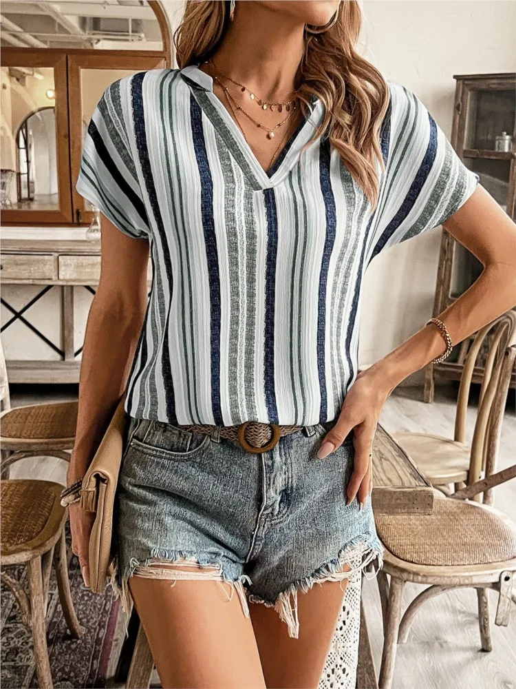 Лето 2022, новые модные свободные блузки в полоску с принтом, топы, женские повседневные топы с v-образным вырезом и короткими рукавами, офисная женская рубашка, топ