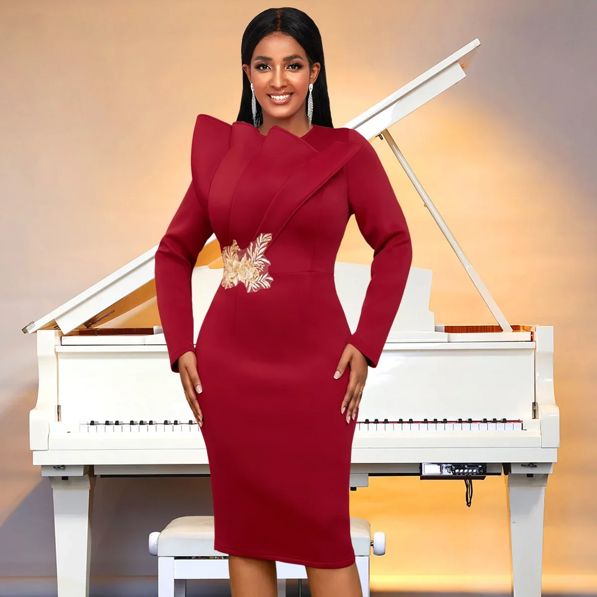 

Elegant Church Dresses for Women Party Bodycon Long Sleeves with Lace Appliques Sheath Classy Occasion African Wedding Guest New