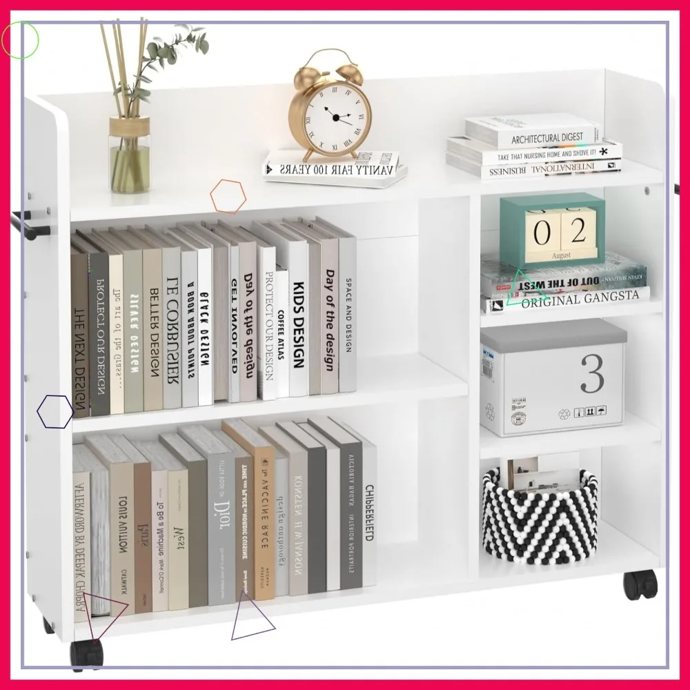 

Wood Rolling Library Cart with Lockable Wheels, Adjustable Shelves for Home Office, White