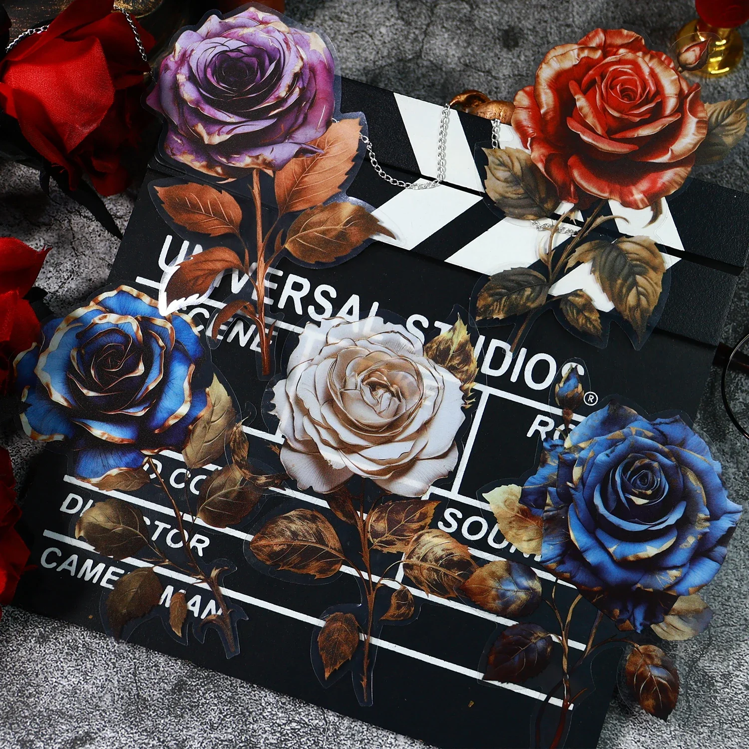 6 Pcs Retro Goth Style Rose Sticker Waterproof Stickers DIY Decorative Album Aesthetic Crafts Scrapbook Diary  Handbook Supplies