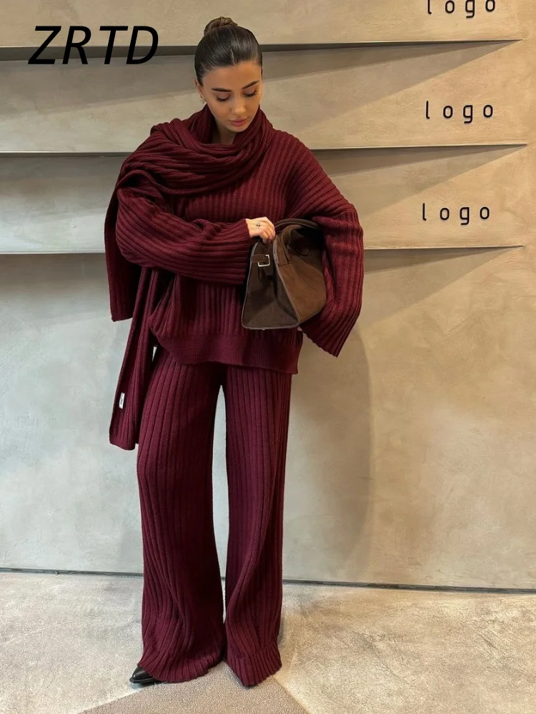 Street Women\'s Burgundy Sweater Pant Set With Scarf Knit Ribbed V-neck Pullover Wide Leg Trouser 2024 Autumn Lady Elegant Outfit