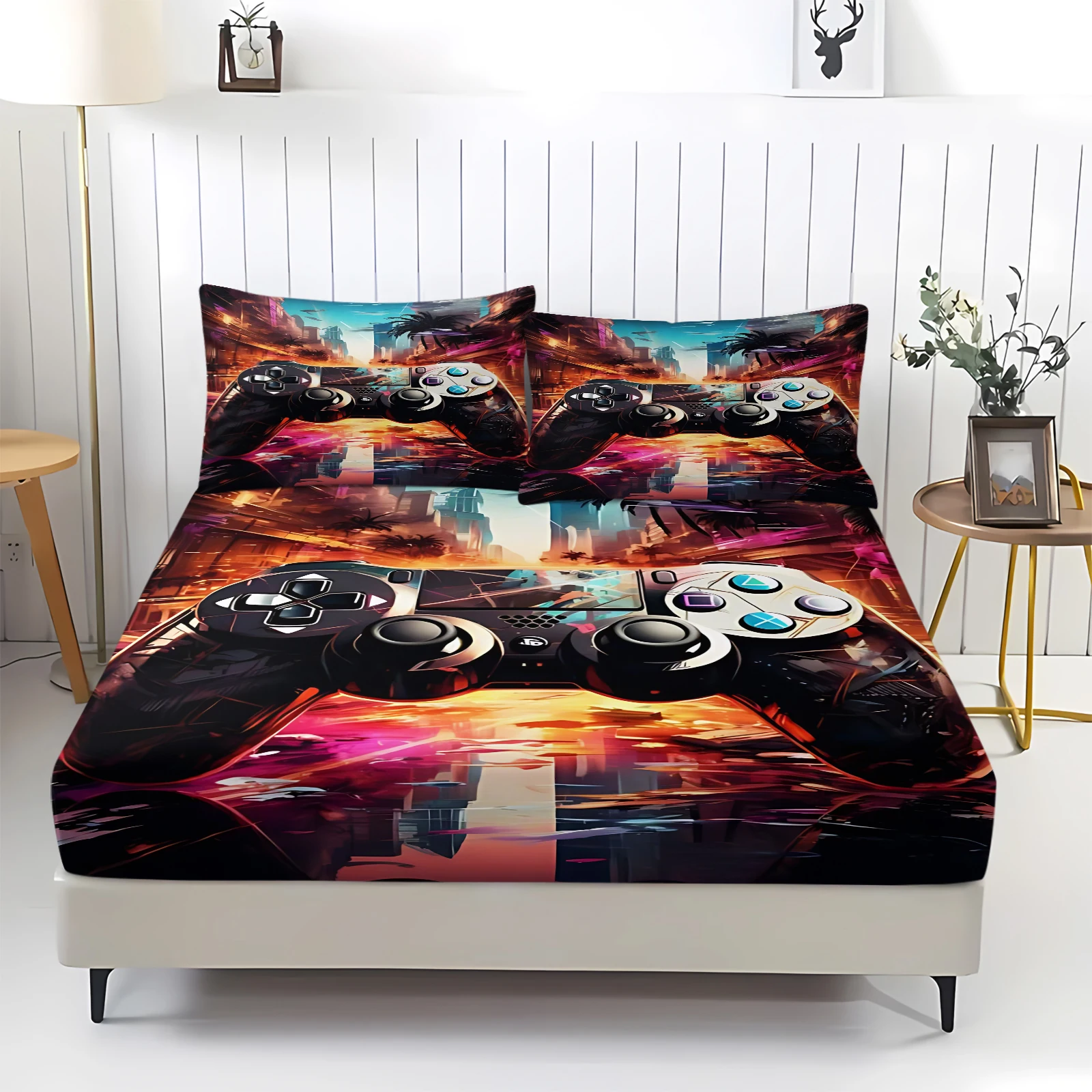 Game Controller Fitted Sheet Set Neon City Gaming Handle Print Mattress Cover With Pillowcase Gamer Bedroom Decor Bedding Set
