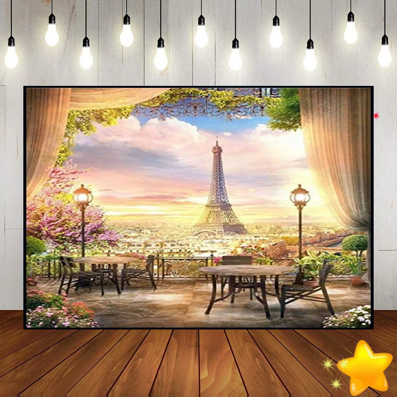 Pink Flowers Trees Eiffel Tower Themed Global Travel Landmark On Earth Background Baby Shower Party Photography Backdrops Vinyl