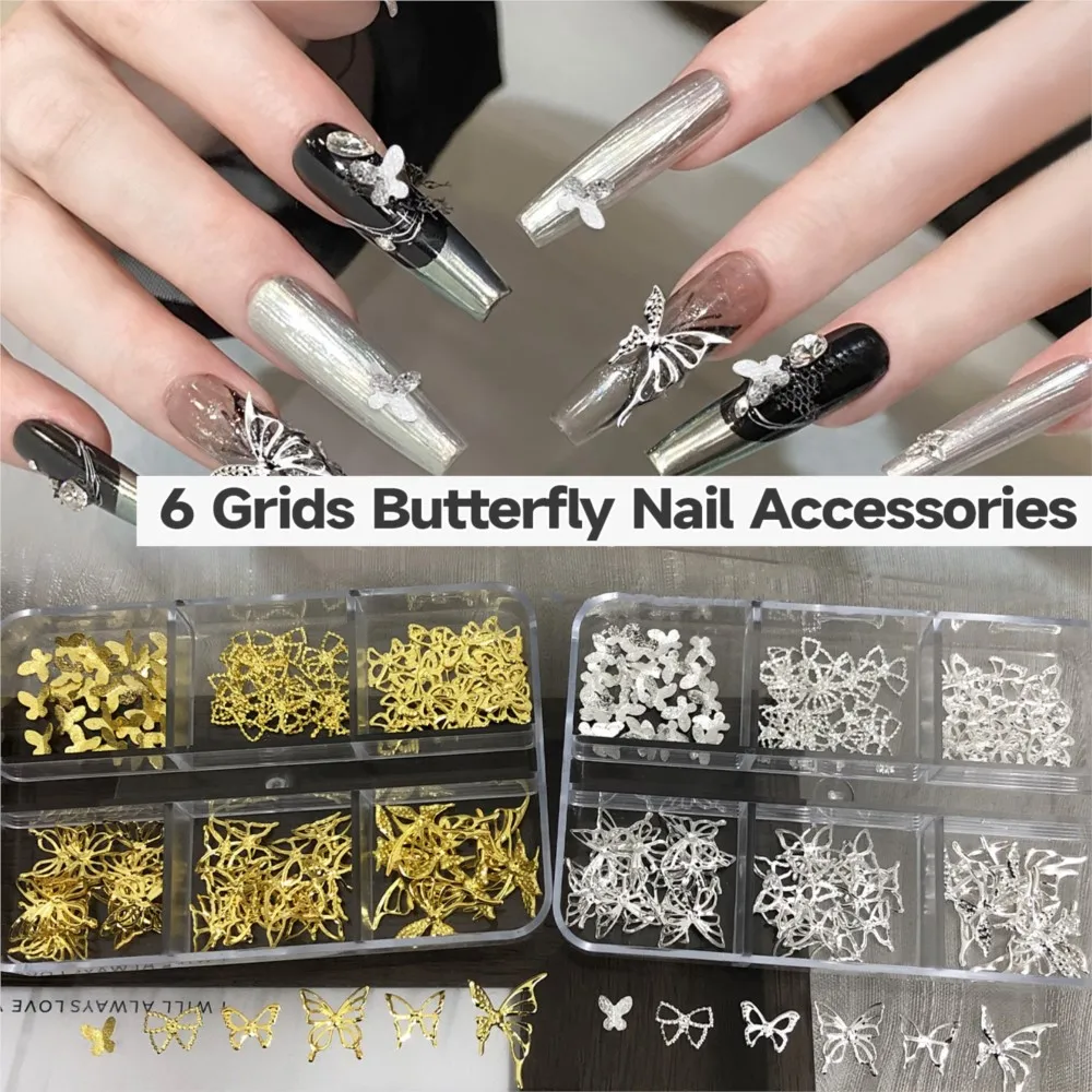 อุปกรณ์ตกแต่งเล็บรูปผีเสื้อโลหะ 6 ช่อง แบบกลวง สีทอง สีเงิน สำหรับทำเล็บ หรูหรา สวยงาม