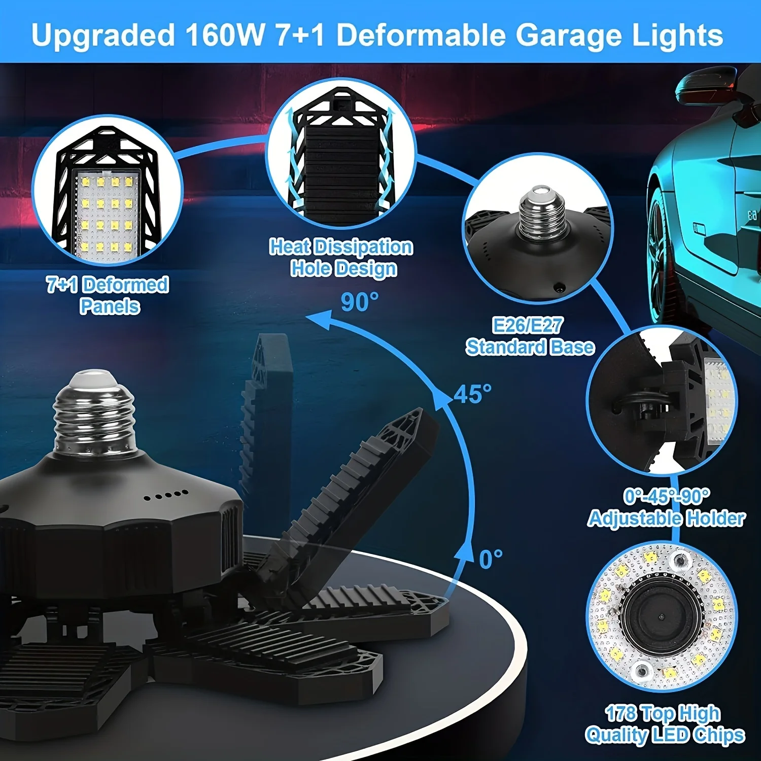 Luzes de garagem deformáveis com painéis 7 + 1 ajustáveis, luz de loja, luz de teto para armazenamento de oficina, E26, E27, 6500K, 1 Pc, 2 Pcs, 4Pcs