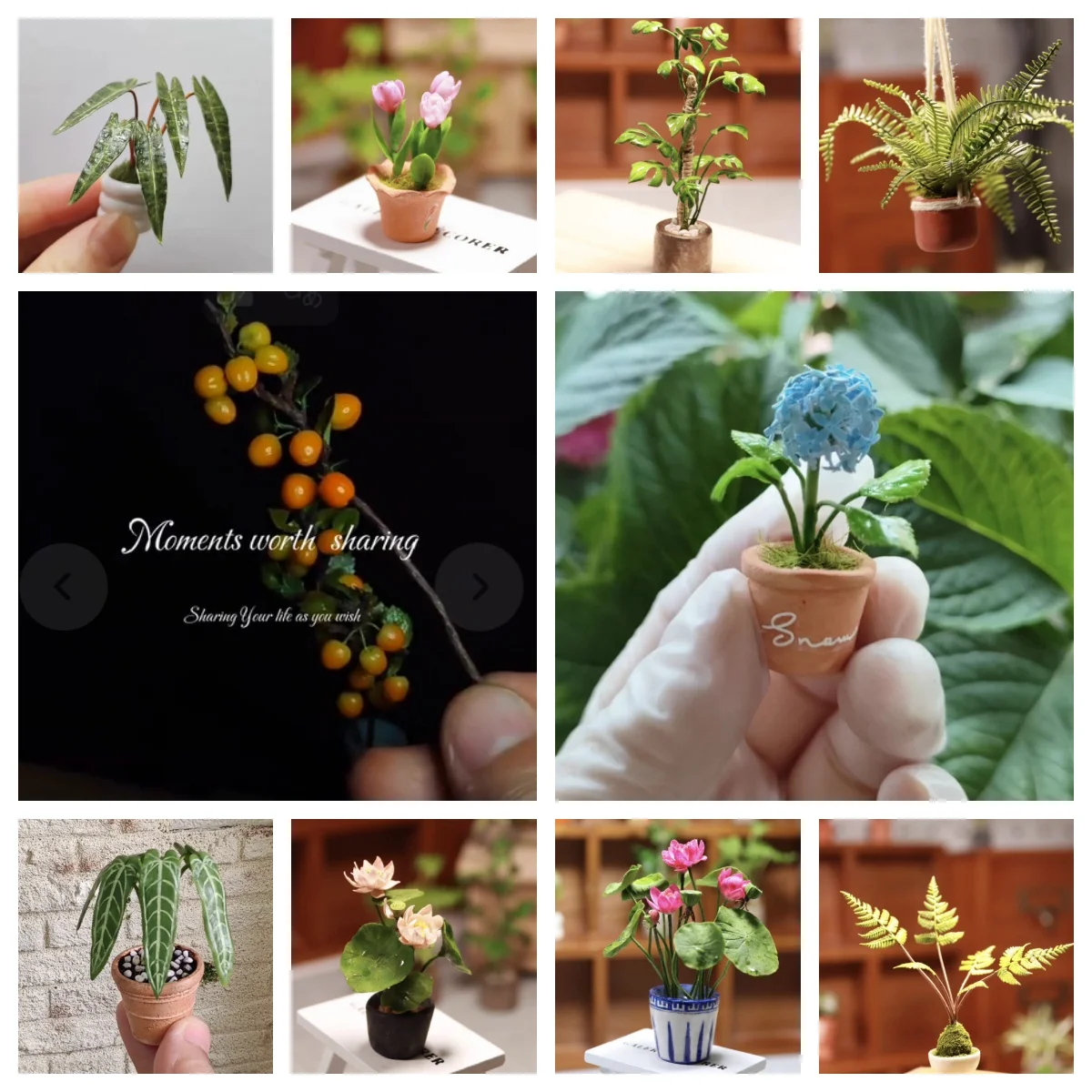 Handmade Mini Clay Ferns & Potted Plants - Dollhouse Food Play Decoration | Nephrolepis Turtle Back Bamboo Hydrangea
