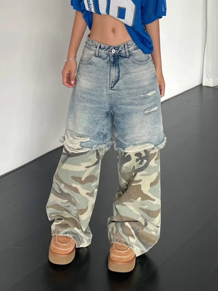 ADAgirl Vintage Camouflage Spliced Ripped Jeans for Women Hip Hop Y2k Chic Baggy Wide Leg Denim Pants Streetwear Casual Trousers