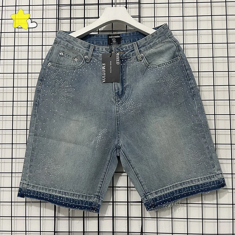 

Мужские и женские повседневные модные джинсовые шорты унисекс с бриллиантовым логотипом, смешанная ЭМОЦИЯ, синие свободные бриджи высшего качества с бирками