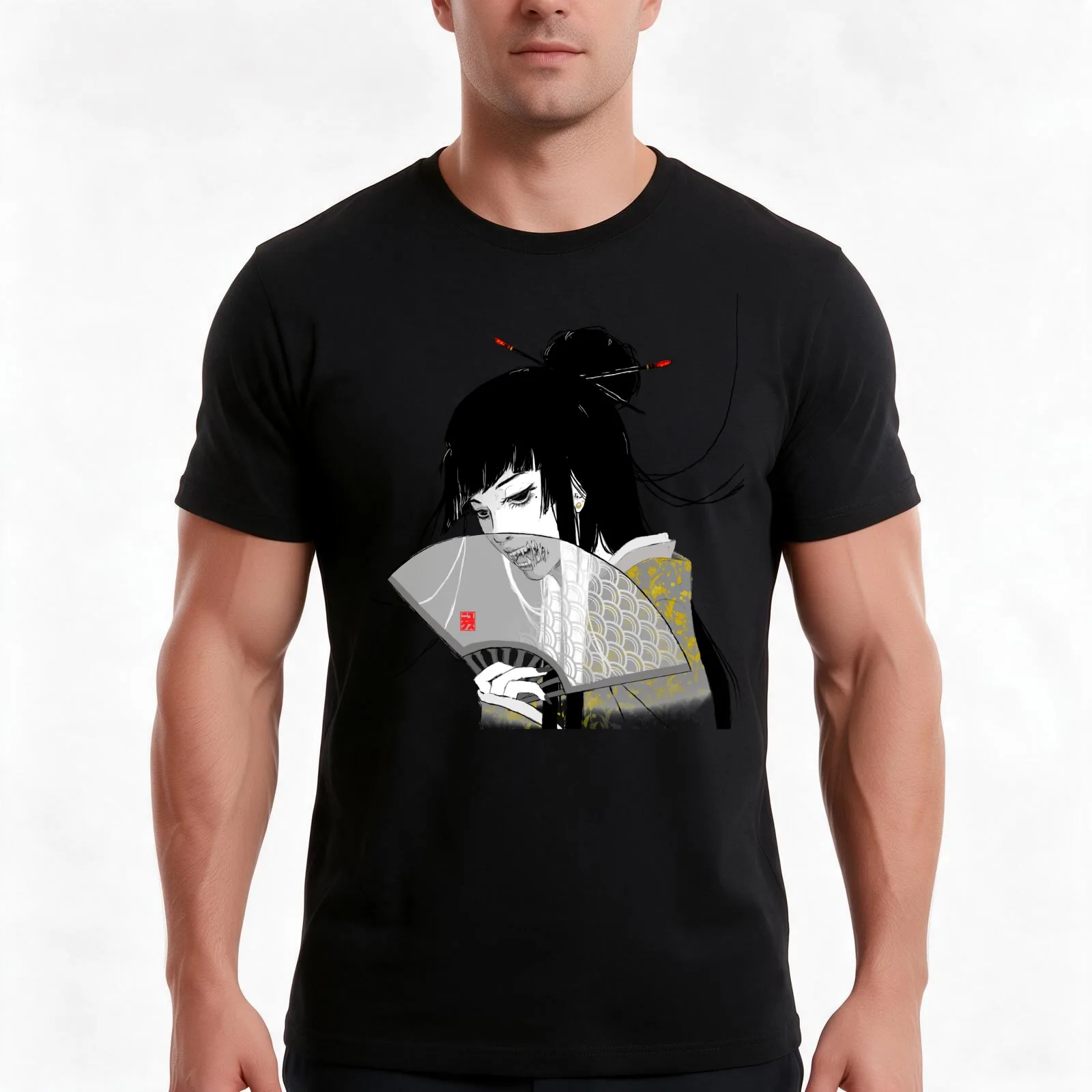 Creepy Geisha T-Shirt, Summer Casual Cotton Tee, Oversized Streetwear Tops, Vintage Graphic Print, Loose Fit Short Sleeve