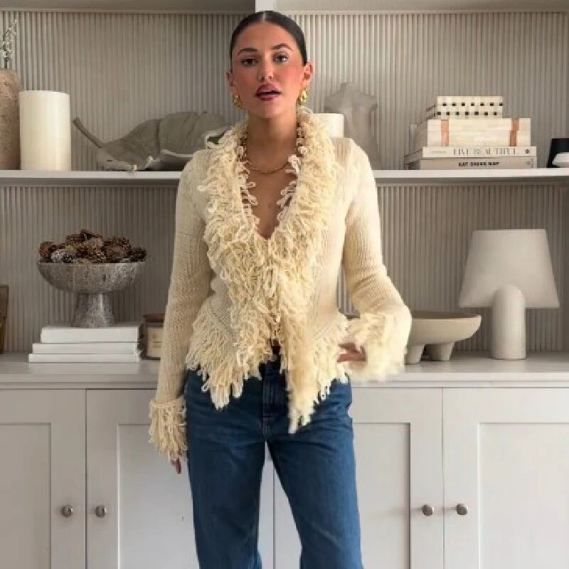 Chic Vintage Top Retro Classic Versatile Elegant Trendy Fringe Trim Cardigan Casual Fall Street Daily Women Outfit