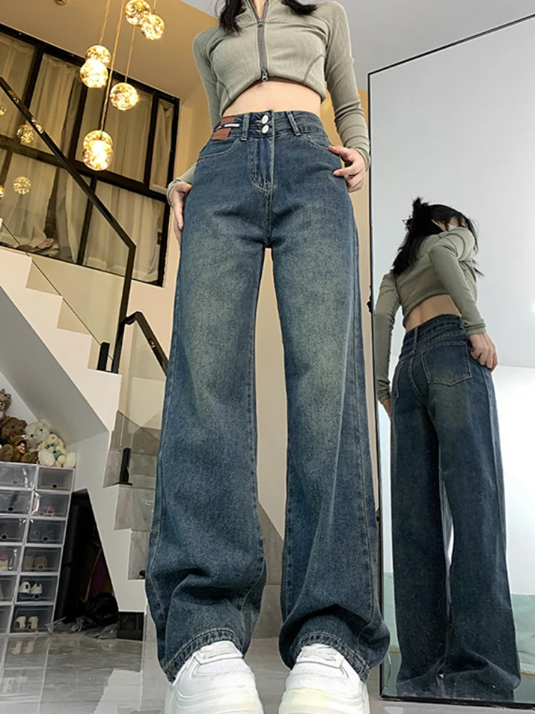 Jeans de cintura alta comprimento total feminino, azul vintage, moda coreana, reto solto, lazer para primavera, retrô, streetwear com todos os jogos, elegante