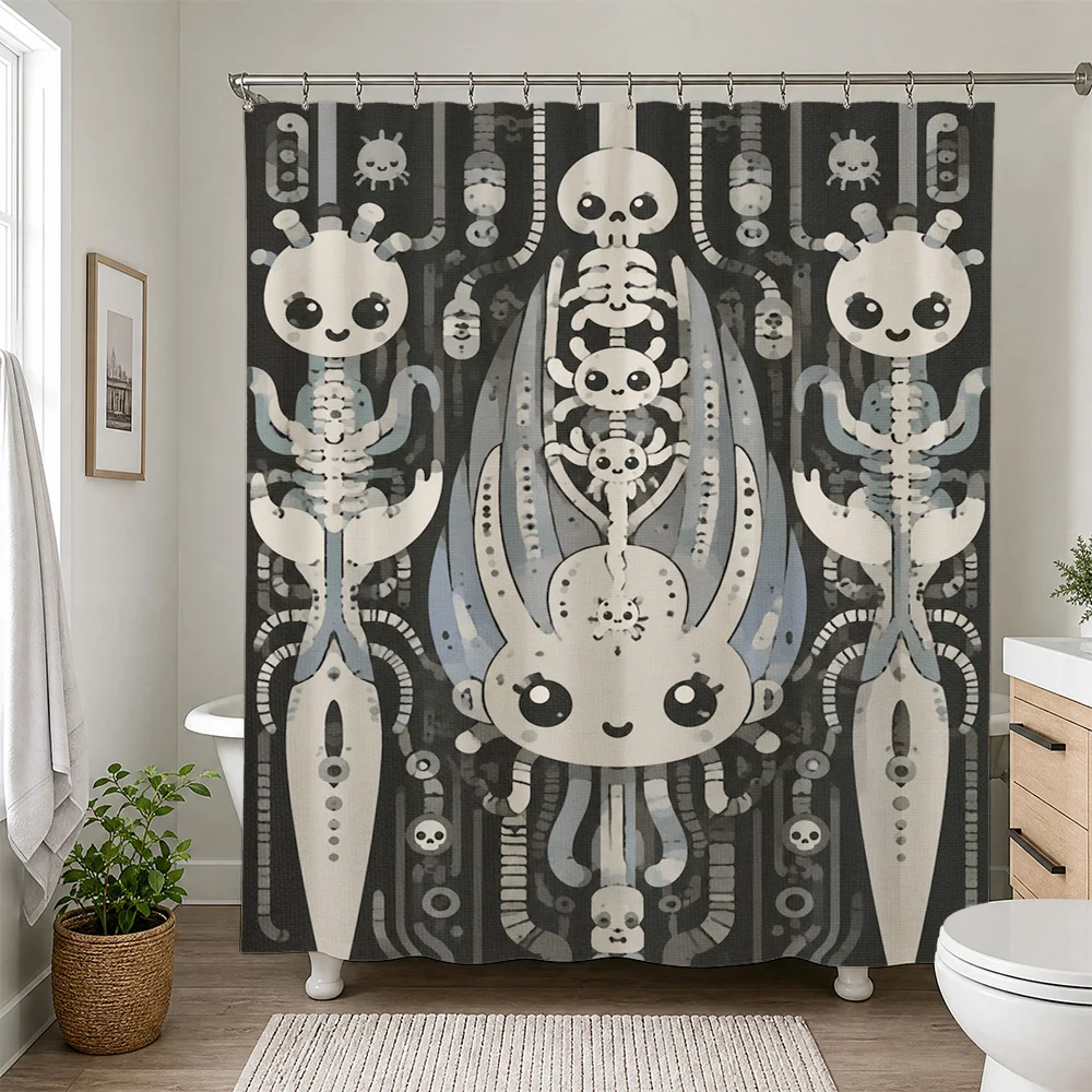 Cute Cartoon Skeleton and Octopus Shower Curtain Funny Halloween Bathroom Decor Novelty Shower Curtain