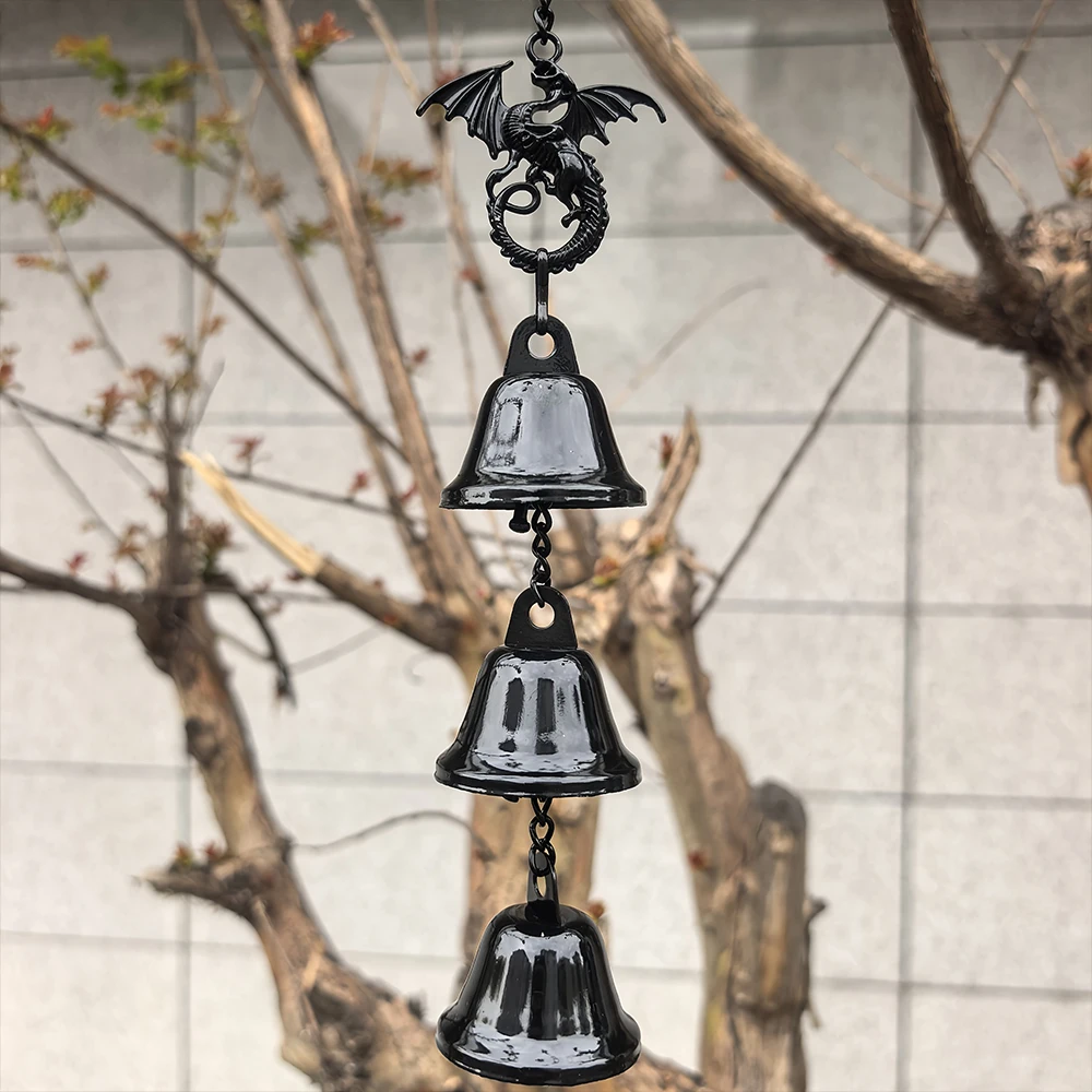 1pc Black Dragon Metal Wind Chime Chain Chimes with 3 Bells Bat Charms Decro Hanging Ornament for Courtyards Holiday Decorations