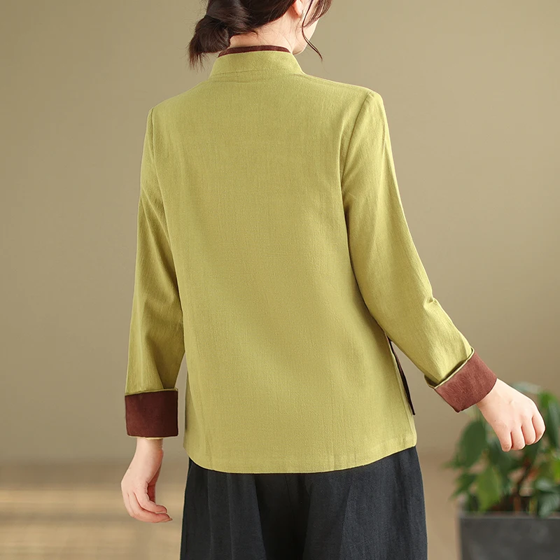 بلوزات نسائية صيفية من القطن والكتان بأكمام طويلة ورباط علوي ملابس شاي Hanfu Zen بلوزة فضفاضة على الطراز الصيني التقليدي
