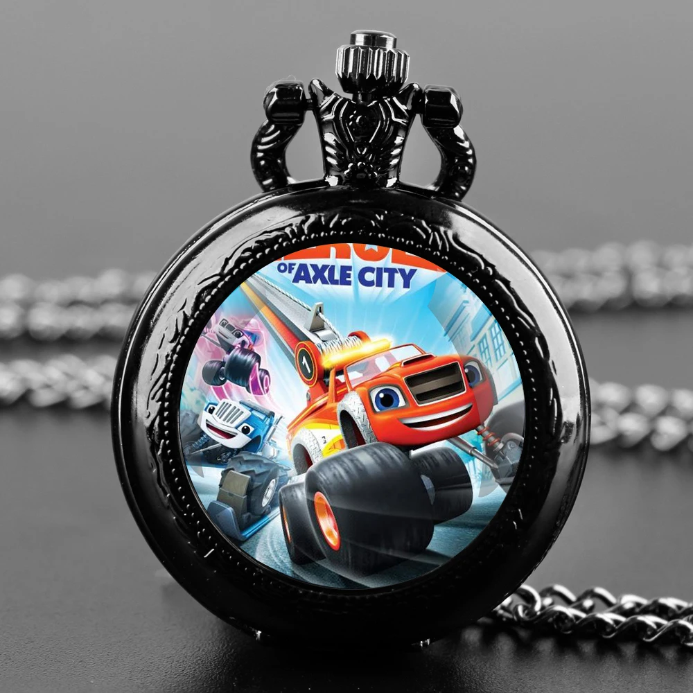 Cartoon Car Glass Dome Black Quartz Pocket Watch with Arabic Numerals Dial and Durable Chain Gift for Men Women