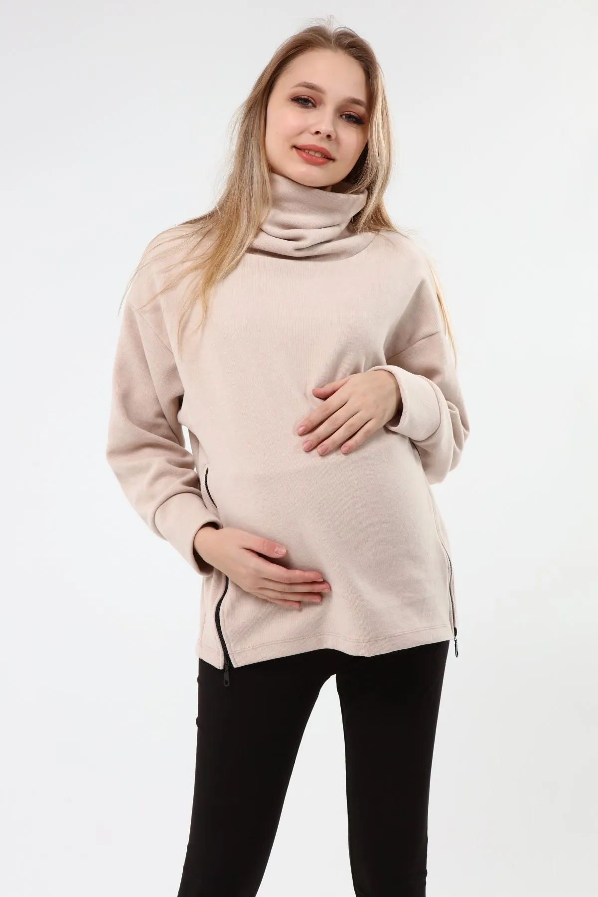 Luvmabelly MYRA4283 Zipper Maternity Sweatshirt-Beige