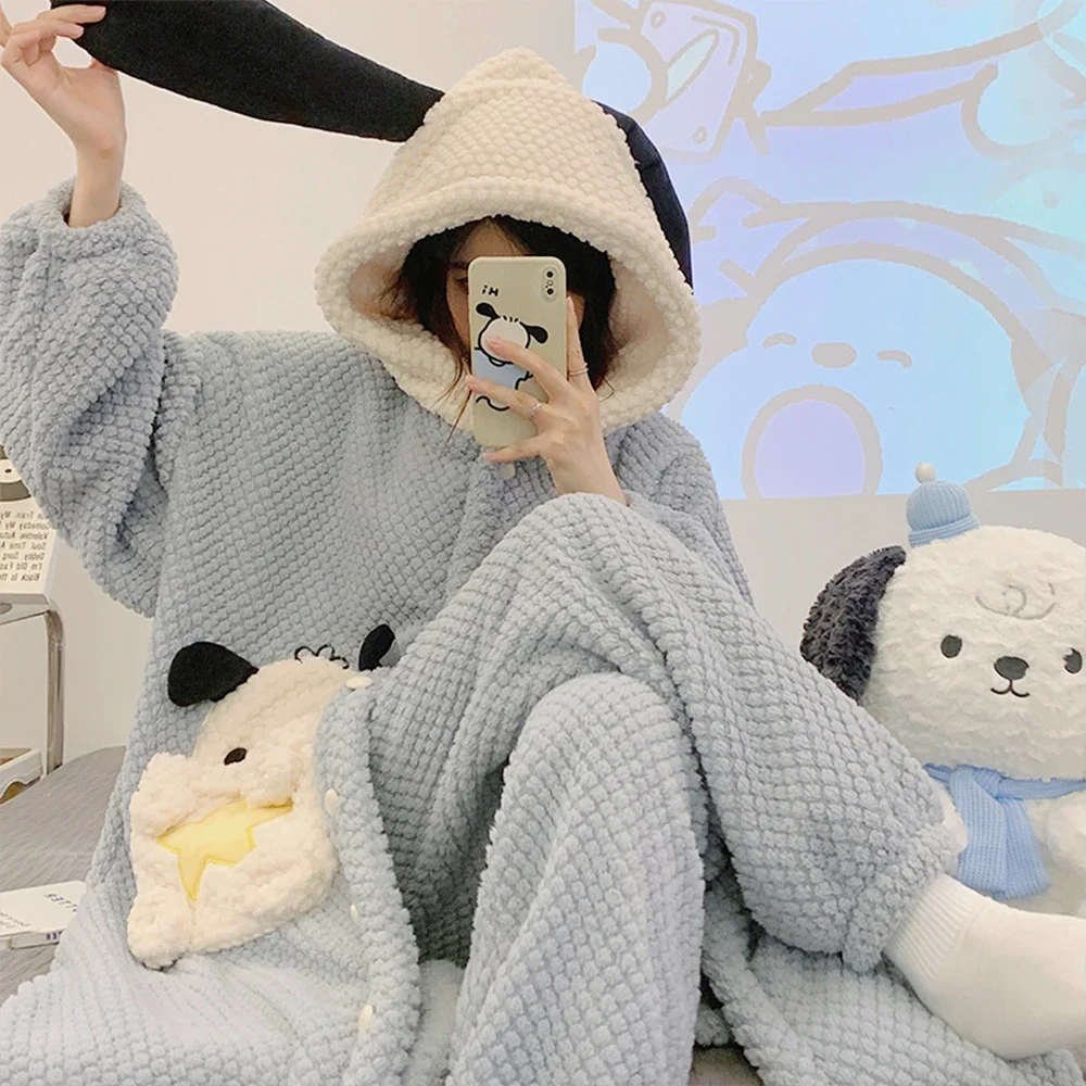 Women Warm Night-Robe Set Kawaii Pochacco Cartoon Sanrio Anime Kuromi Bathrobe Coral Fleece Thicken Homewear Girls Nightgown