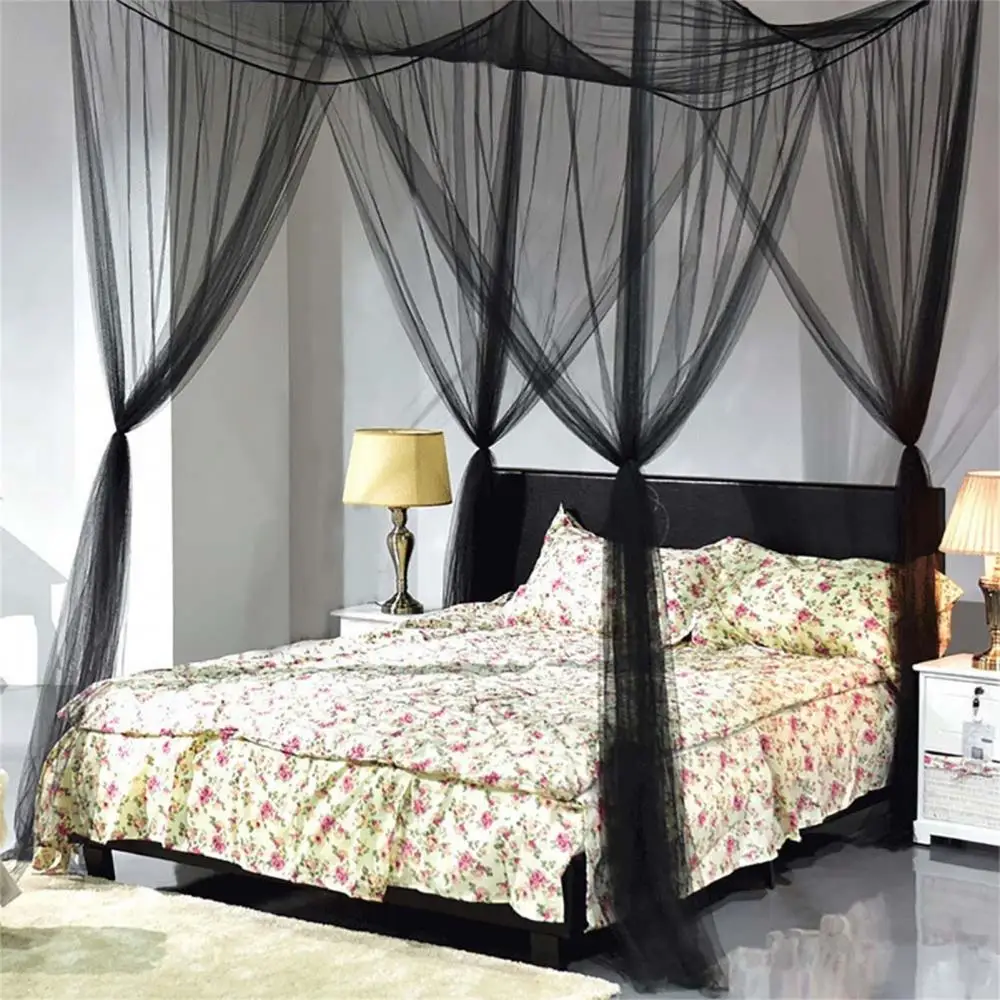 Mosquito Net Cotton Four-Door Sexy Square Canopy - King/Queen Double Bed Size, Elegant Black Palace Netting Prevent Insect Net