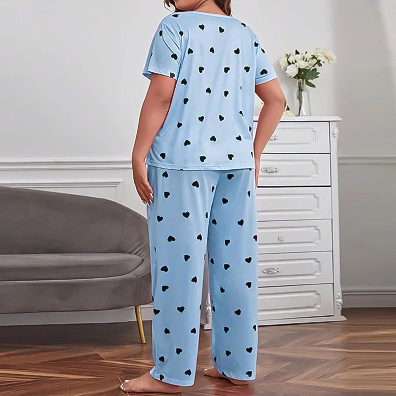 Plus Size Casual Pajama Set Women's Heart Print Short Sleeve Tee Tops & Pants Sleepwear 2 Piece Soft Comfortable Loungewear Suit