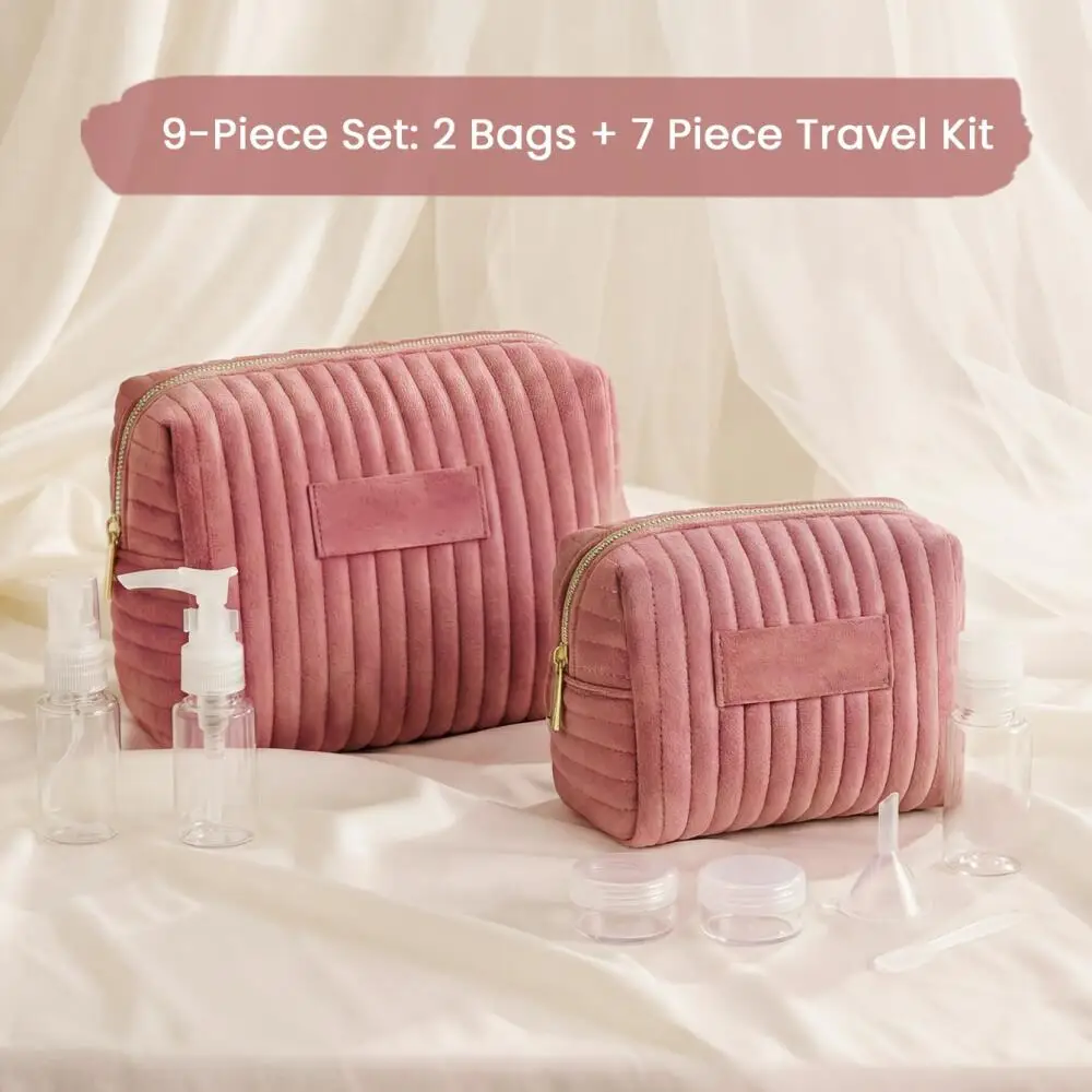 2PCS Ersonalized Name Velvet Makeup Bag Toiletry Bag with Travel Bottle Set 9Pcs Set Custom Name Cosmetic Pouch with Zipper