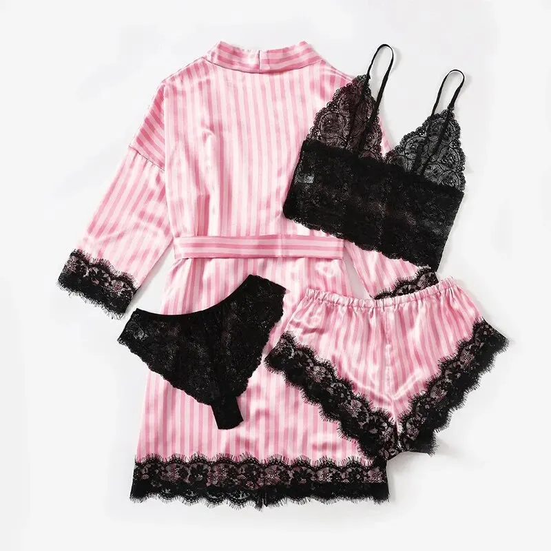 4 PCS Women\'s Summer Pajama Set with Pink Striped Jacket Paired with Casual Shorts and Sexy Lace Lingerie Casual Home Pajama Set