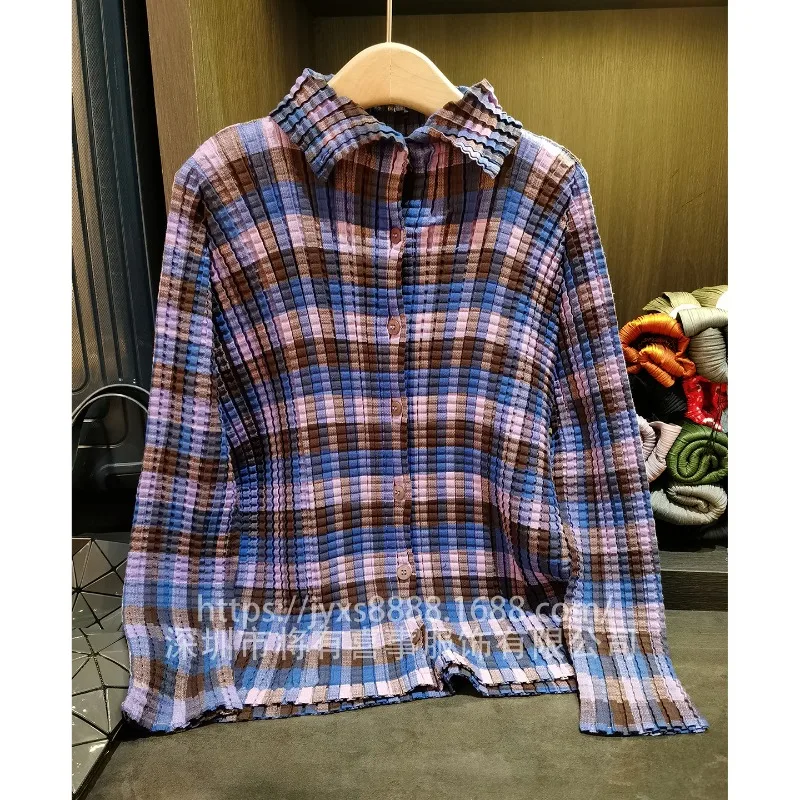 مياكي منقوشة مطوي قميص بلوزة الأدبية طويلة الأكمام واحدة الصدر ركاب تنوعا سترة بولو طوق بلوزة المرأة #3