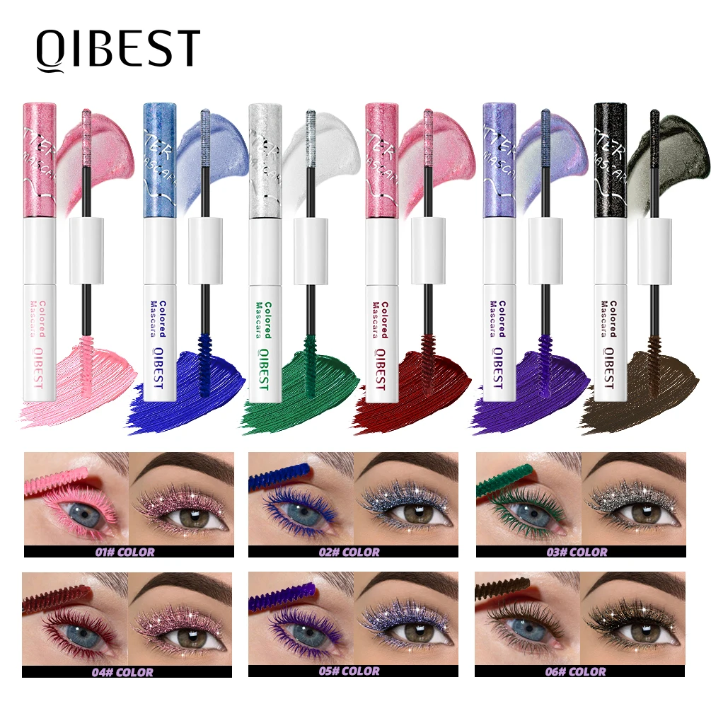 QIBEST Mascara con glitter diamantati a doppia estremità Mascara colorato duraturo Ciglia Rosa Blu Verde Rosso Mascara volumoso Rimel
