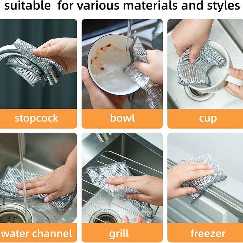 1/5/12pcs Magic Dishcloth Silver Wire Cleaning Cloths Kitchen Dish Pot Washing Cloth Towels Double/Single Layer Steel Wire Rags