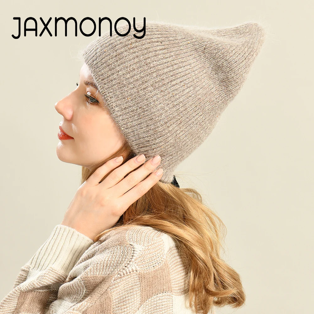 Jaxmonoy Women Beanie Hat Winter Double Layer Warm Skullies Cap Ladies Cashmere Blend Knitted Bonnet Fashion Girl Sequins Hat